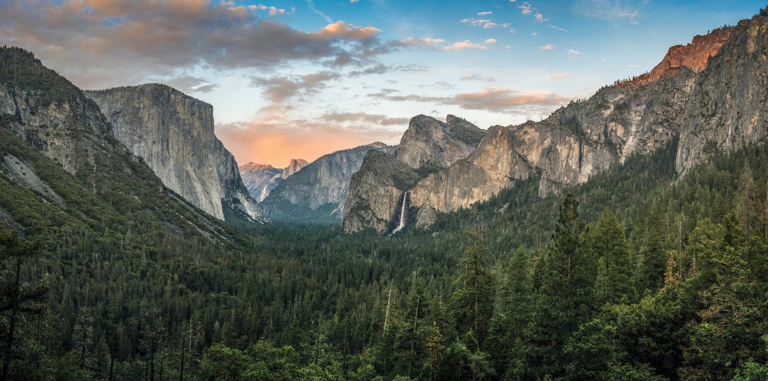Panorama of Yosemite Valley at sunset