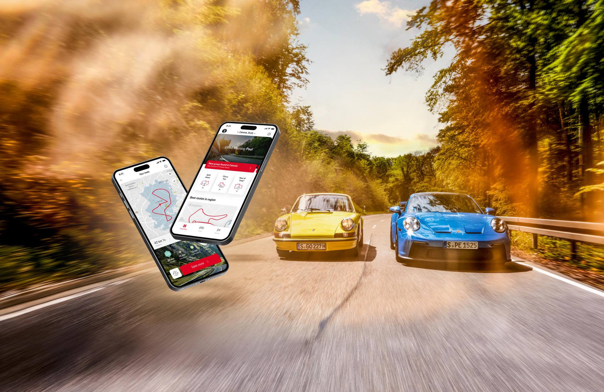 2 Phone Mockups - showing the ROADS App - 2 Porsche in BG