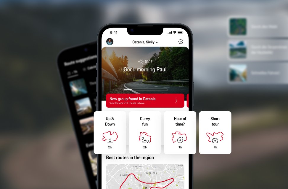 App Teaser showing the dashboard of the roads by Porsche app